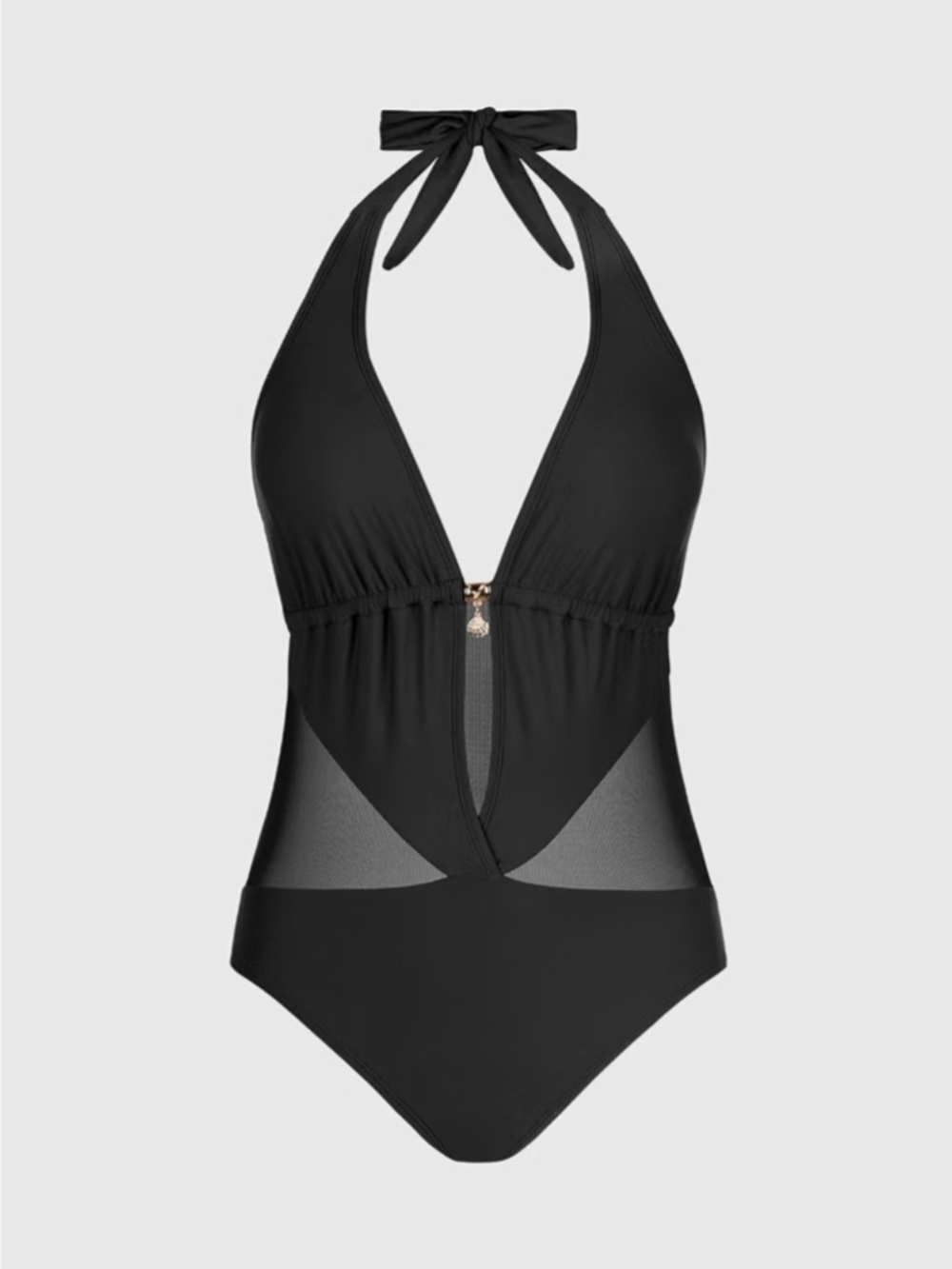 NWT Cupshe Black Tie Halter Mesh-Panel One-Piece Swimsuit